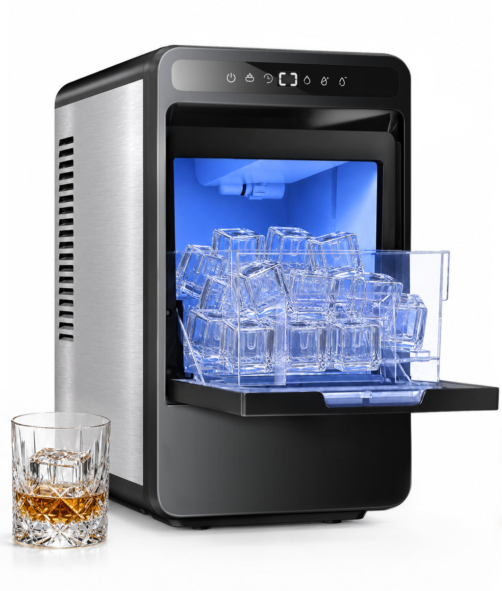 Flamemore Large Cube Ice Maker, Crystal Clear Ice Machine Countertop, 1.6'' Craft Ice Maker Portable, 22-26Lbs/Day, Self-Cleaning & 24H Timer, for Home Bar, Whiskey & Cocktails