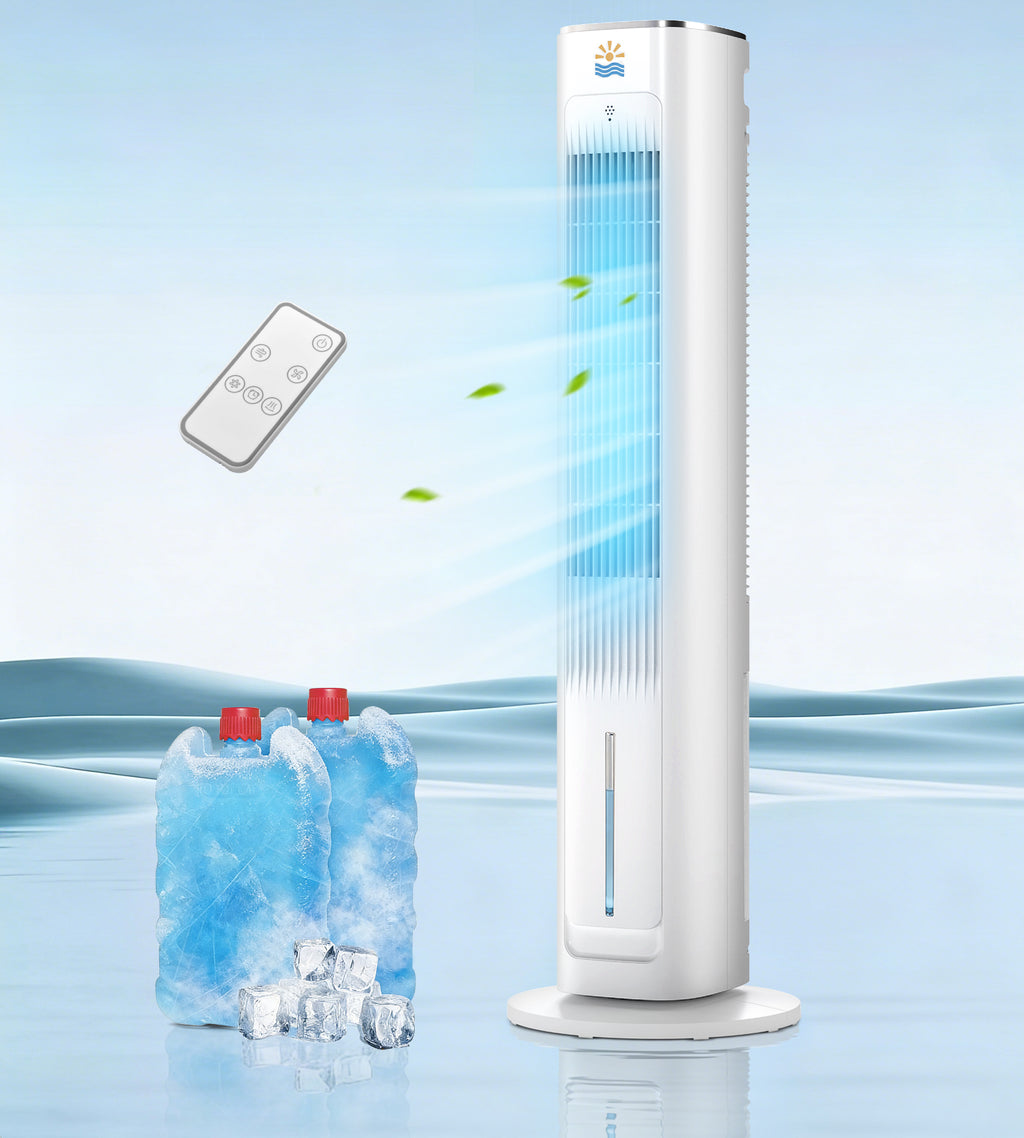 Flamemore Evaporative Air Cooler Fan with Remote & Ice Packs, Oscillating Tower Air Conditioner with Humidify, White&Gray