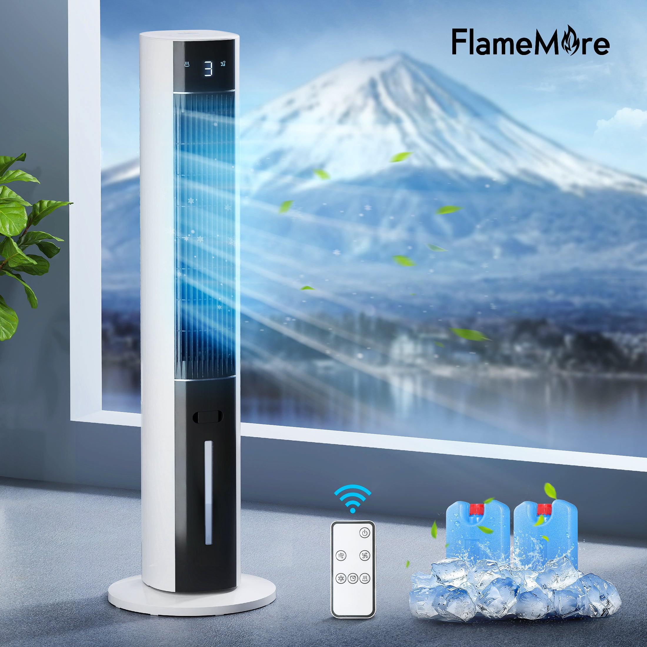 Flamemore Evaporative Air Cooler Portable Air Conditioners, 3-in-1 Oscillating Tower Cooler Fan & Humidify, White&Black