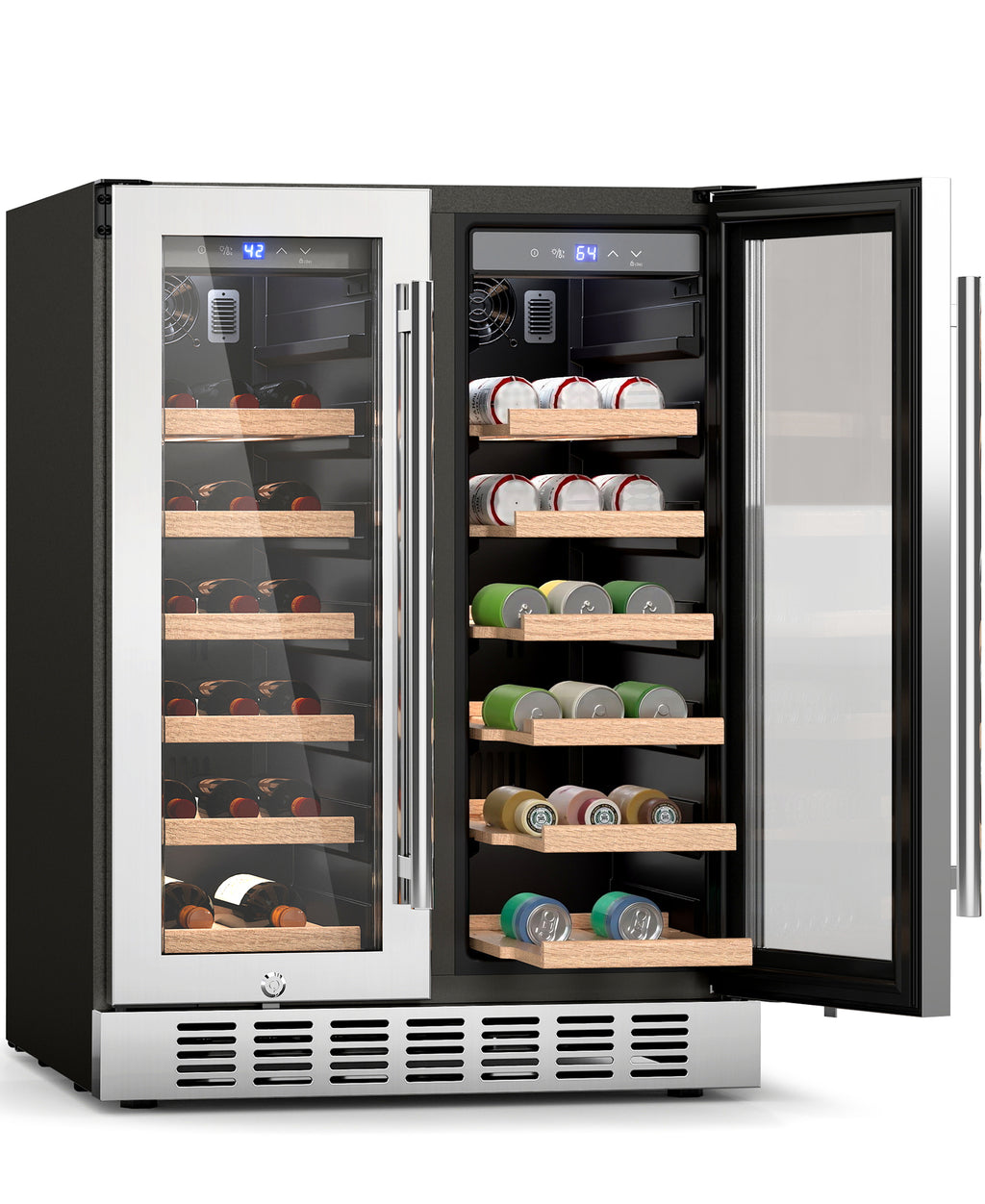 Flamemore 24" Dual Zone Wine Fridge with French Door - 34 Bottle Capacity, 41–64°F, Under-Counter/Freestanding Wine Cooler Refrigerator for Home, Bar