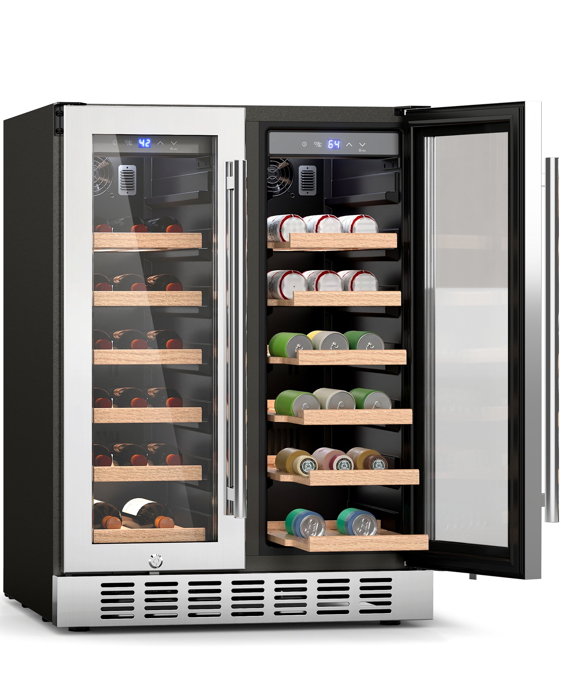 Flamemore 24" Dual Zone Wine Fridge with French Door - 34 Bottle Capacity, 41–64°F, Under-Counter/Freestanding Wine Cooler Refrigerator for Home, Bar