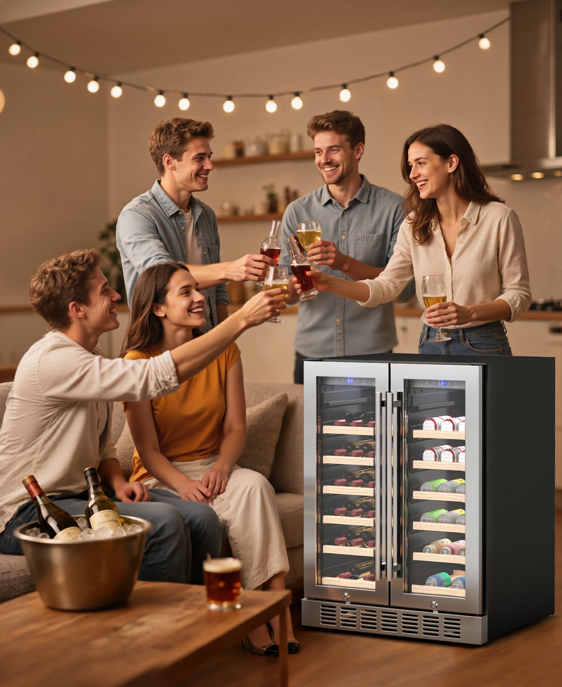 Flamemore 24" Dual Zone Wine Fridge with French Door - 34 Bottle Capacity, 41–64°F, Under-Counter/Freestanding Wine Cooler Refrigerator for Home, Bar