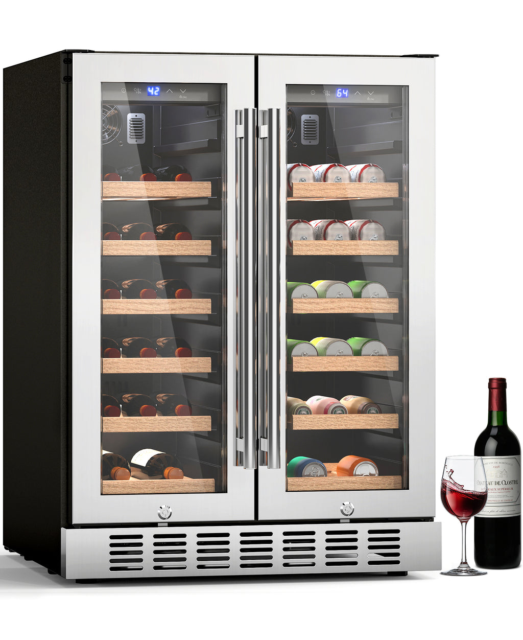 Flamemore 24" Dual Zone Wine Fridge with French Door - 34 Bottle Capacity, 41–64°F, Under-Counter/Freestanding Wine Cooler Refrigerator for Home, Bar