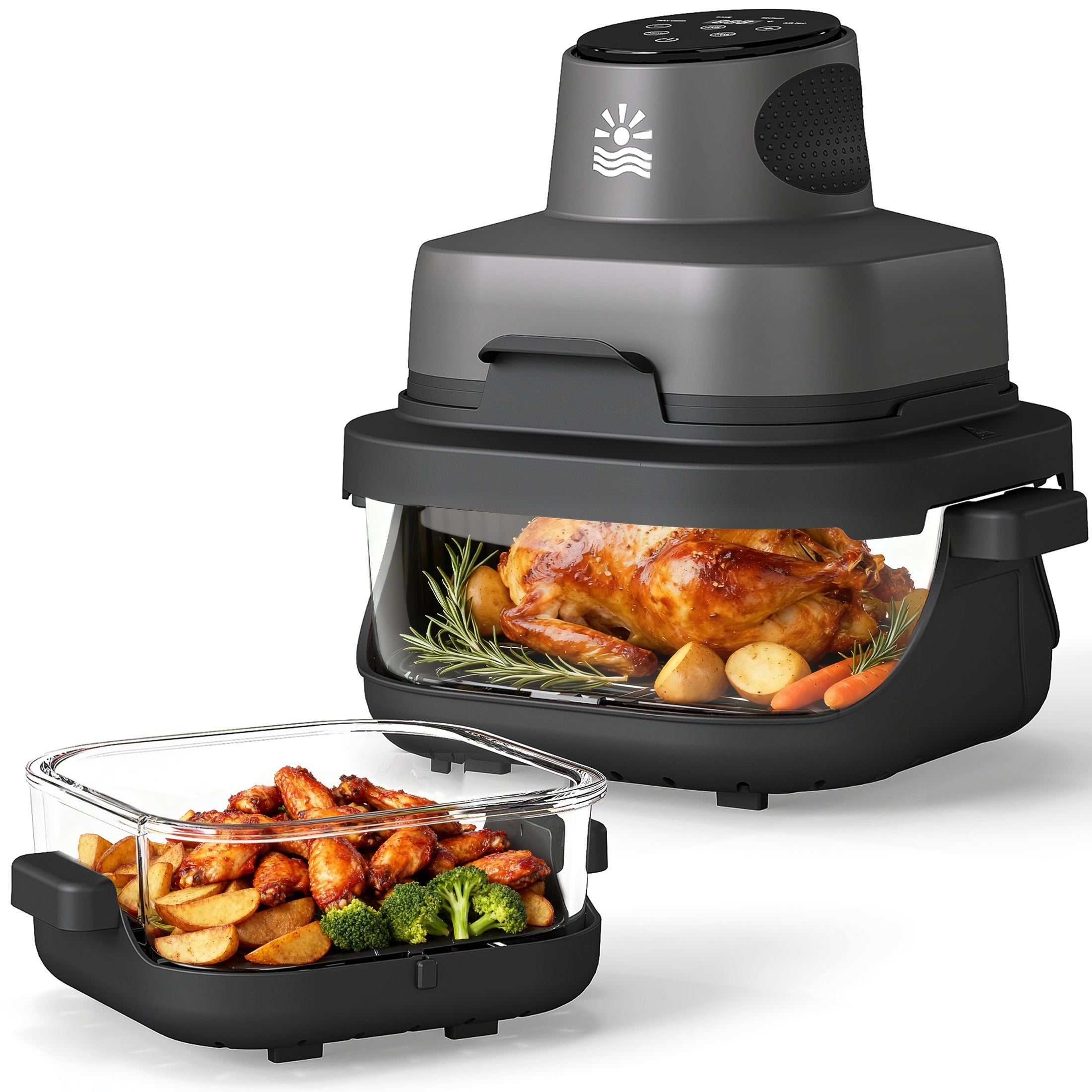 Flamemore Crispi Air Fryer with 4 Presets, Non Toxic Glass, Portable 4 QT & 6 Cup Glass Containers with Lids, Dishwasher Safe, Dark Gray
