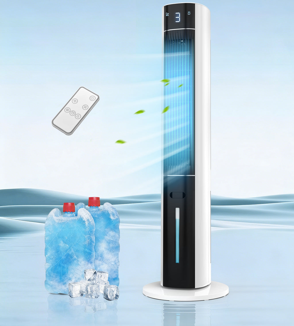 Flamemore Evaporative Air Cooler Fan with Remote & Ice Packs, Oscillating Tower Air Conditioner with Humidify, White&Black