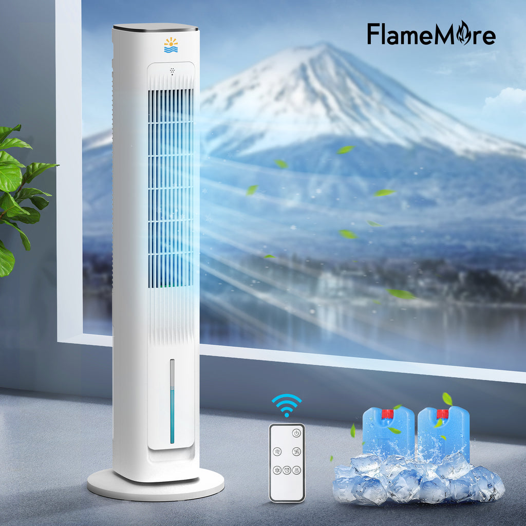 Flamemore Evaporative Air Cooler Portable Air Conditioners, 3-in-1 Oscillating Tower Cooler Fan&Humidify, White&Gray