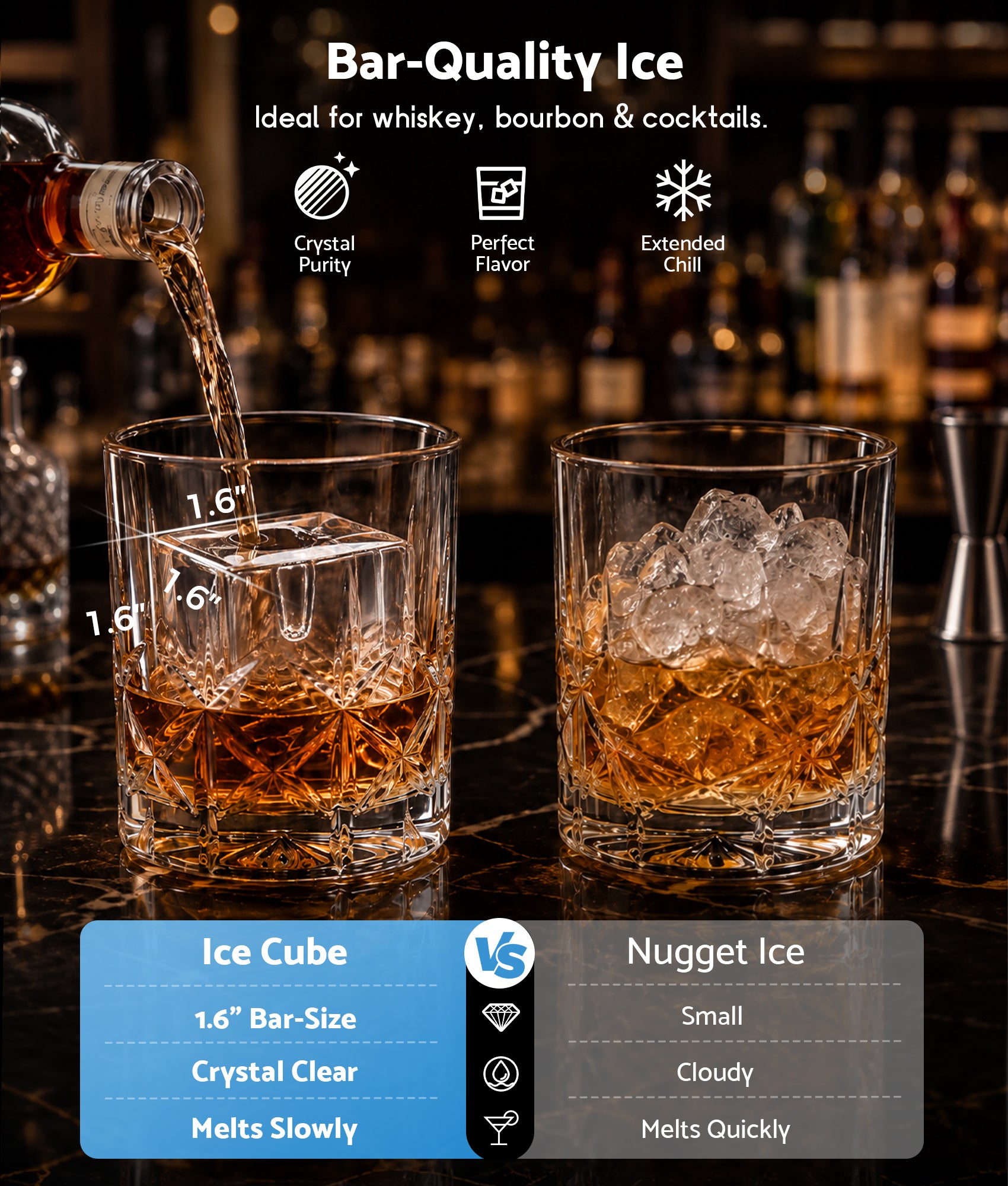 Flamemore Large Cube Ice Maker, Crystal Clear Ice Machine Countertop, 1.6'' Craft Ice Maker Portable, 22-26Lbs/Day, Self-Cleaning & 24H Timer, for Home Bar, Whiskey & Cocktails