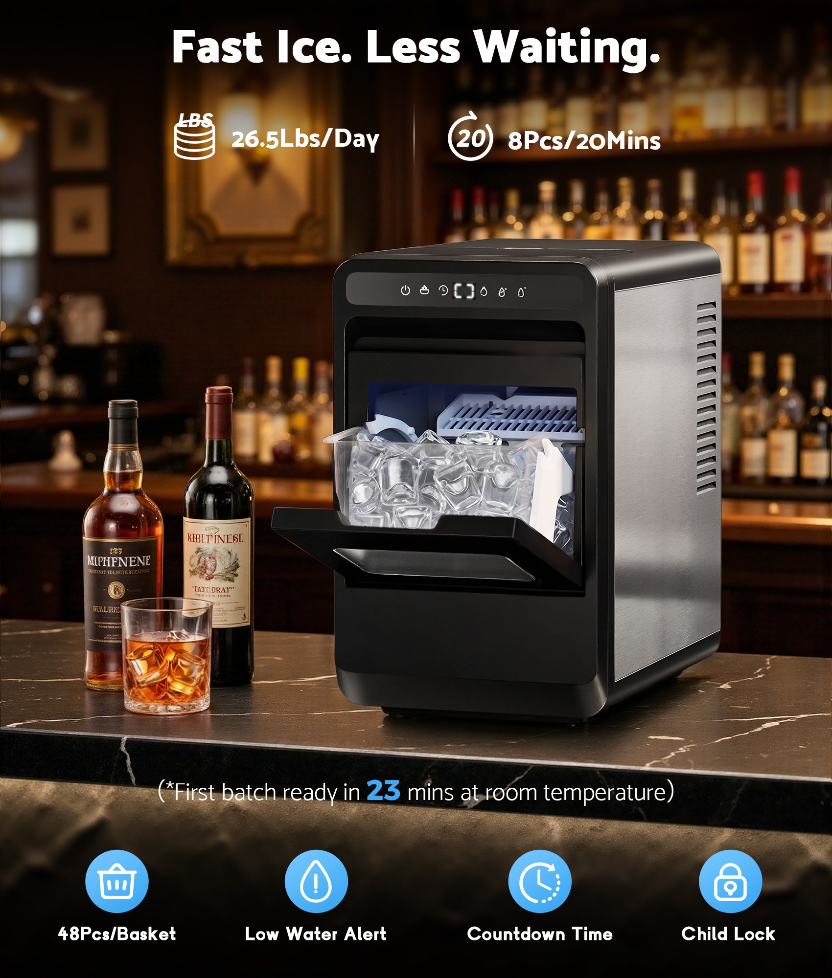 Flamemore Clear Ice Cube Maker, 8 Crystal Clear 1.2" Large Jelly Ice Cubes in 20 Mins, Slow-Melting, 24H Timer, Self-Cleaning, for Home Whiskey, Cocktails & Bourbon