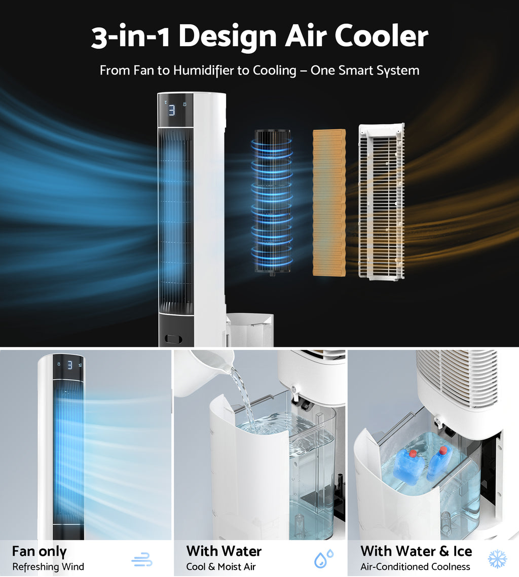 Flamemore Evaporative Air Cooler Fan with Remote & Ice Packs, Oscillating Tower Air Conditioner with Humidify, White&Black