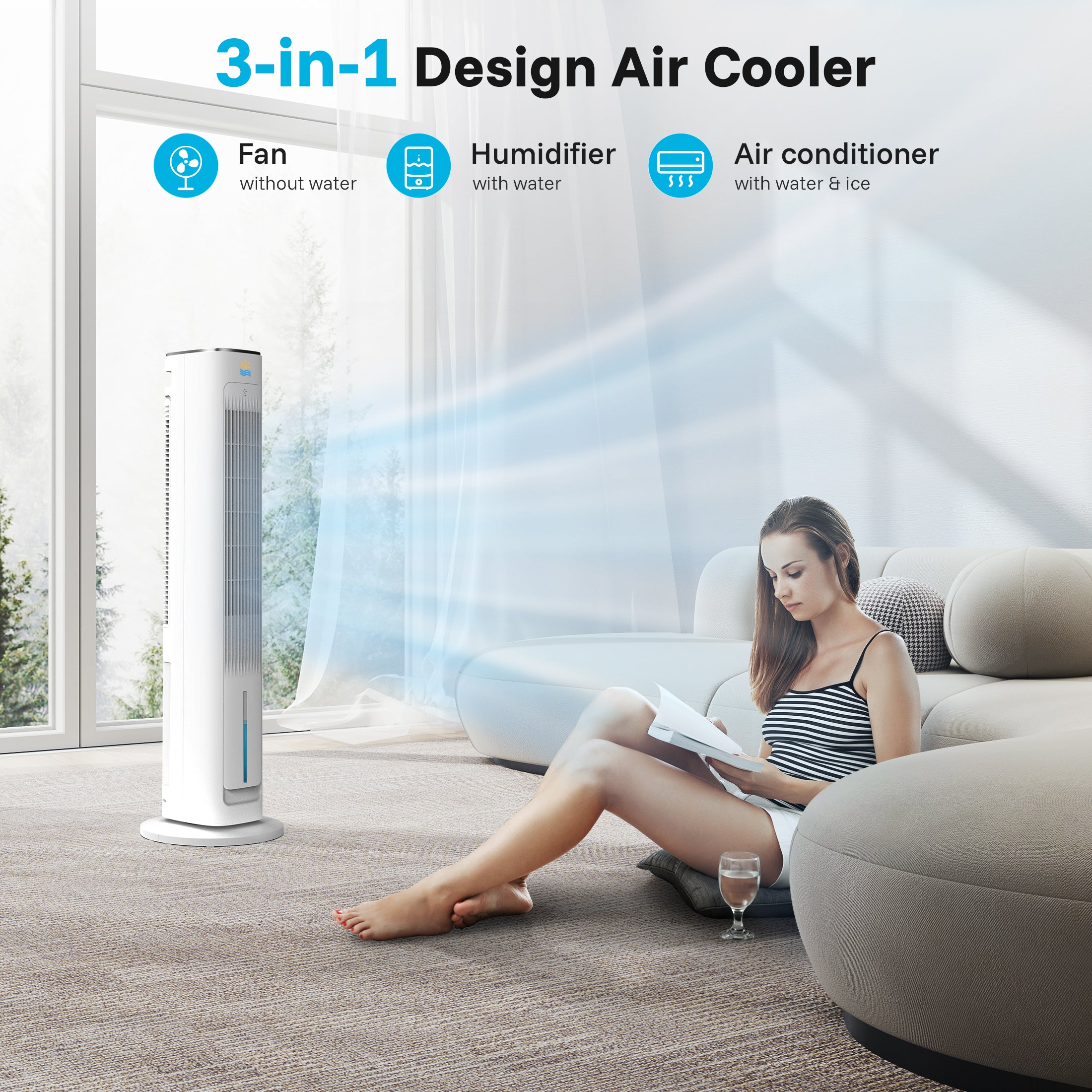 Flamemore Evaporative Air Cooler Portable Air Conditioners, 3-in-1 Oscillating Tower Cooler Fan&Humidify, White&Gray