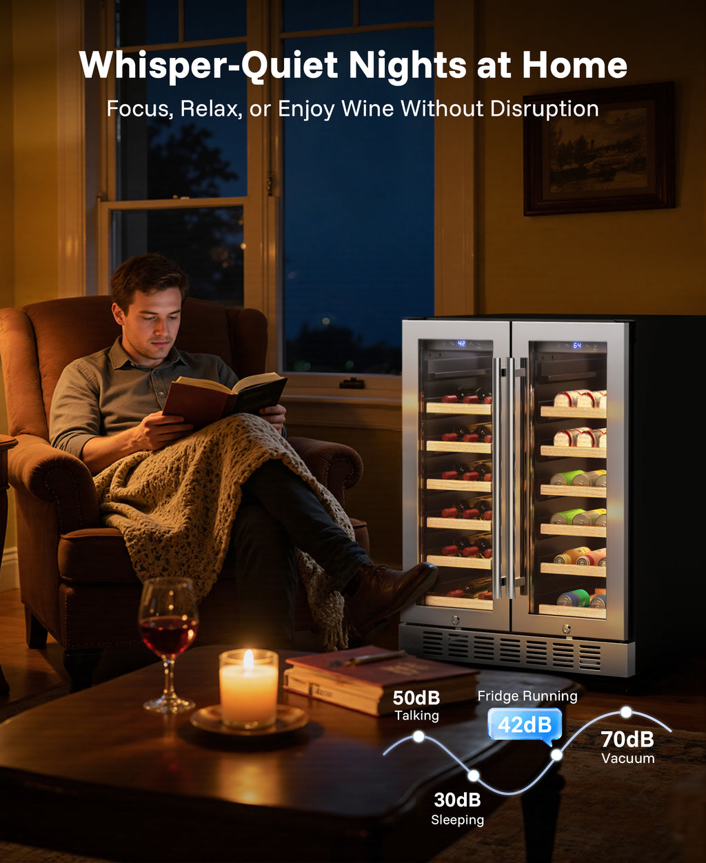 Flamemore 24" Dual Zone Wine Fridge with French Door - 34 Bottle Capacity, 41–64°F, Under-Counter/Freestanding Wine Cooler Refrigerator for Home, Bar