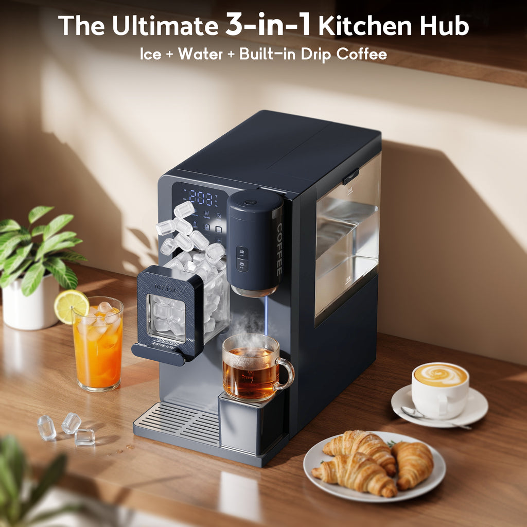 Flamemore 3-in-1 Countertop Water Dispenser with Ice Maker, Drip Coffee Maker, Hot/Cold Water & Bullet Ice, Self-Cleaning, UV Sterilization