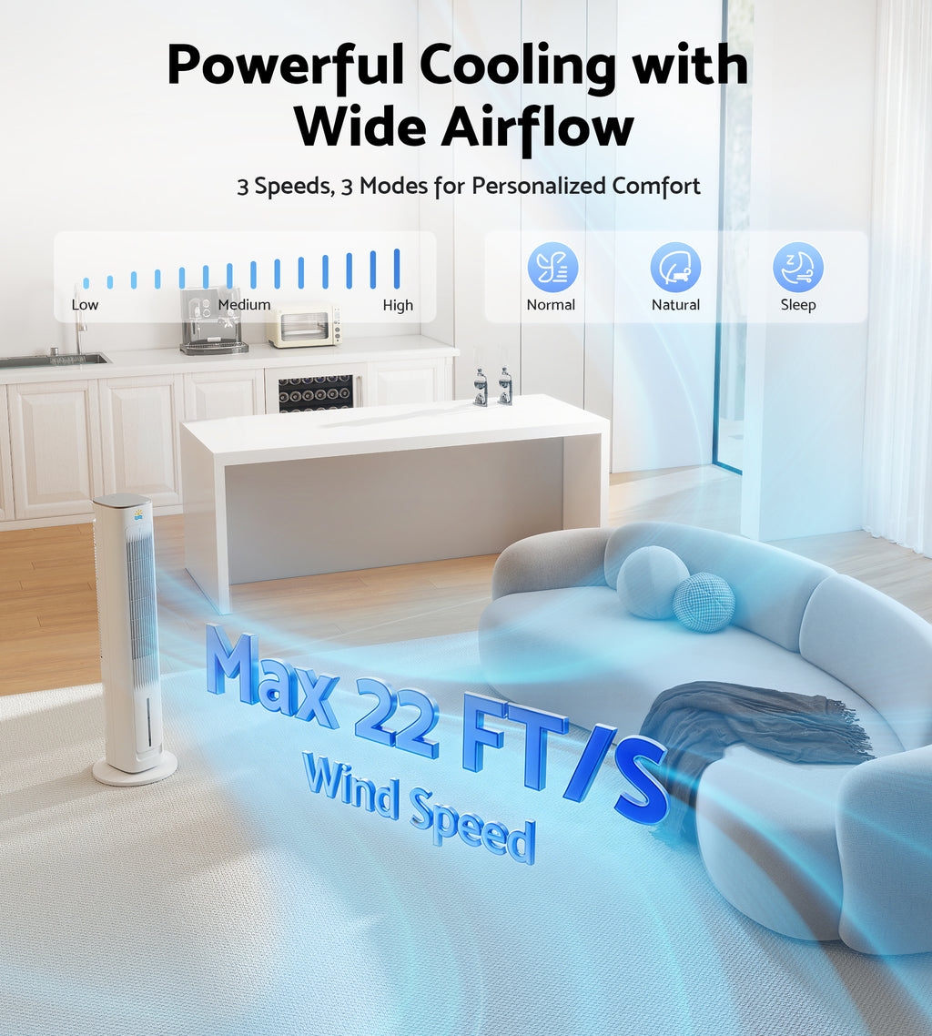 Flamemore Evaporative Air Cooler Fan with Remote & Ice Packs, Oscillating Tower Air Conditioner with Humidify, White&Gray