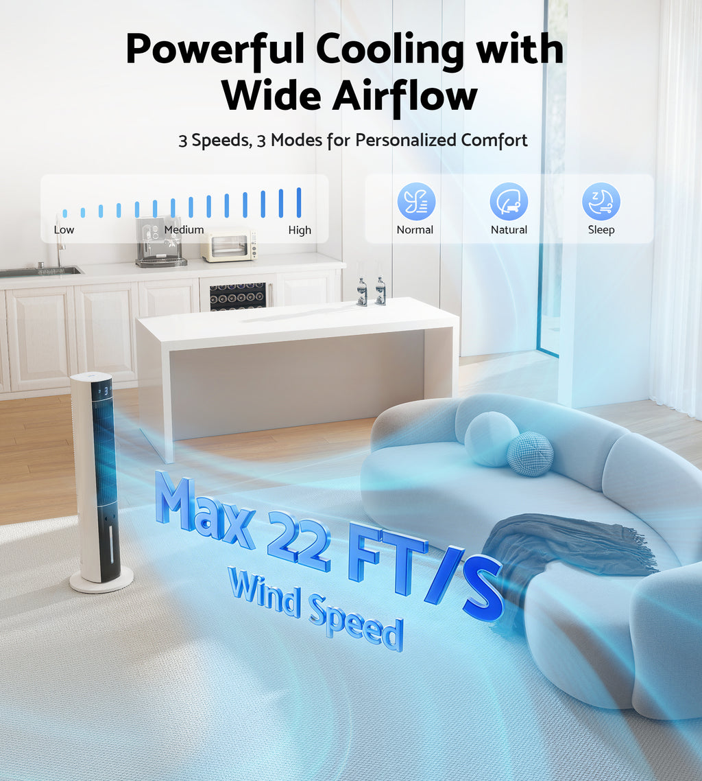 Flamemore Evaporative Air Cooler Fan with Remote & Ice Packs, Oscillating Tower Air Conditioner with Humidify, White&Black