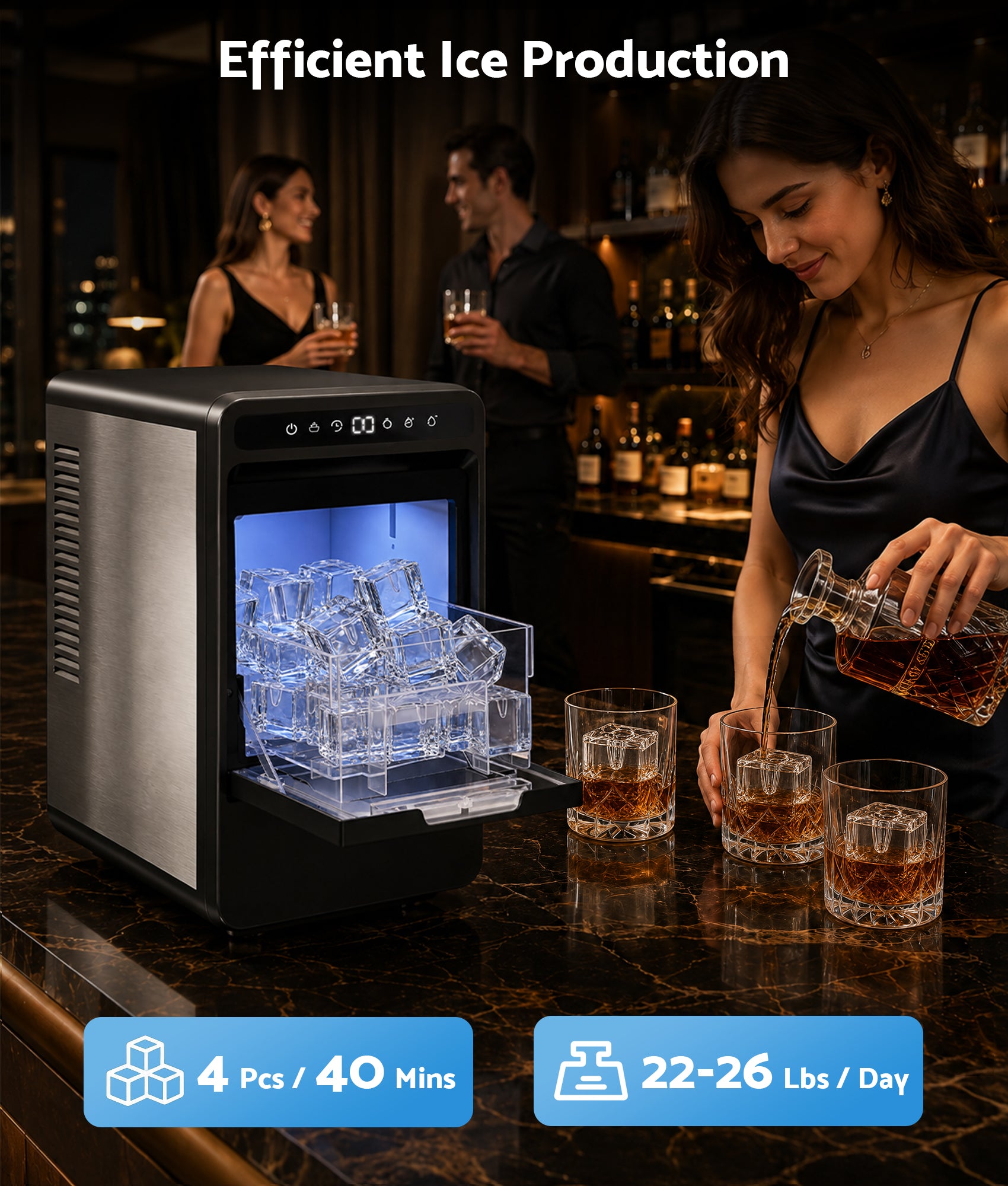 Flamemore Large Cube Ice Maker, Crystal Clear Ice Machine Countertop, 1.6'' Craft Ice Maker Portable, 22-26Lbs/Day, Self-Cleaning & 24H Timer, for Home Bar, Whiskey & Cocktails