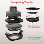 Flamemore Crispi Air Fryer with 4 Presets, Non Toxic Glass, Portable 4 QT & 6 Cup Glass Containers with Lids, Dishwasher Safe, Dark Gray