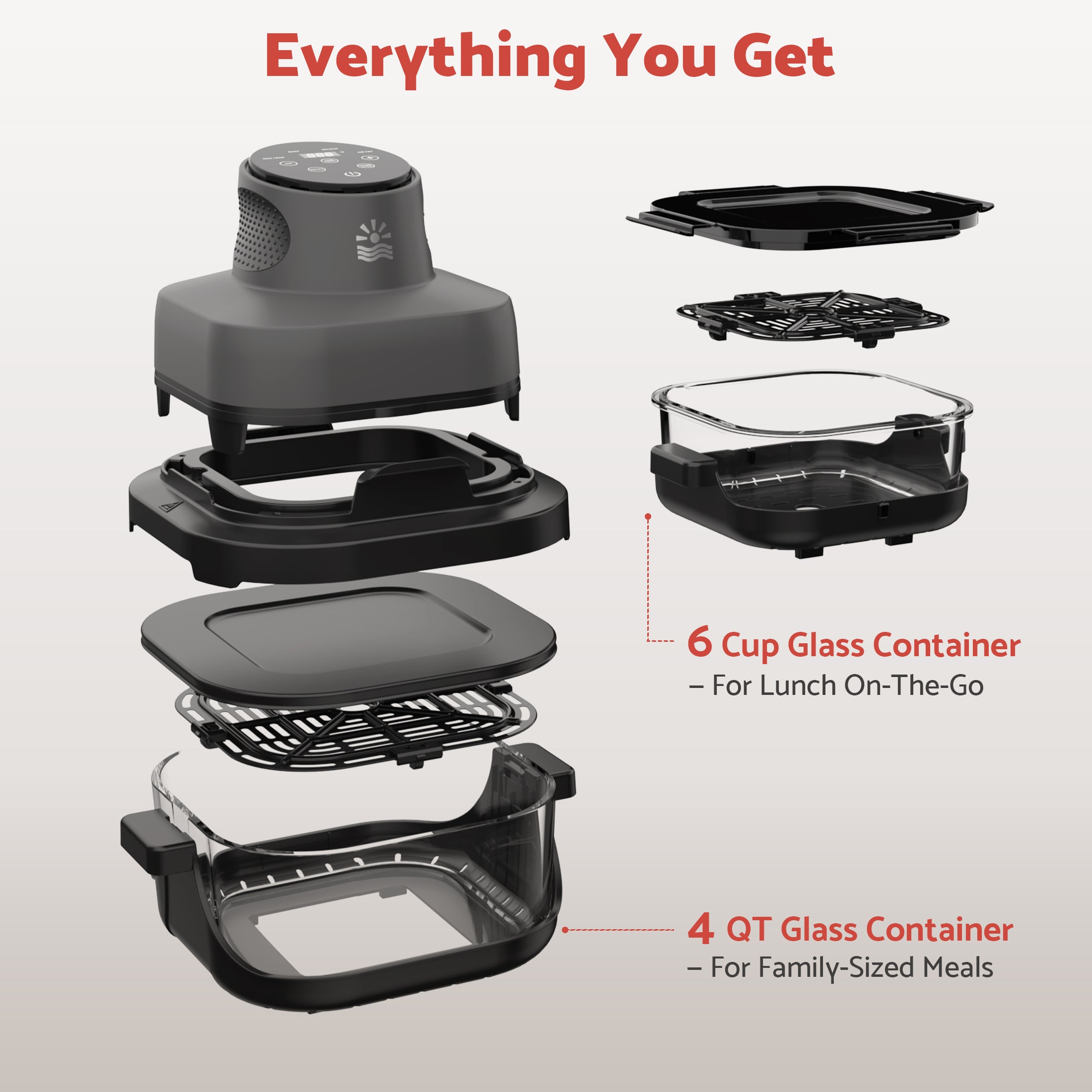 Flamemore Crispi Air Fryer with 4 Presets, Non Toxic Glass, Portable 4 QT & 6 Cup Glass Containers with Lids, Dishwasher Safe, Dark Gray