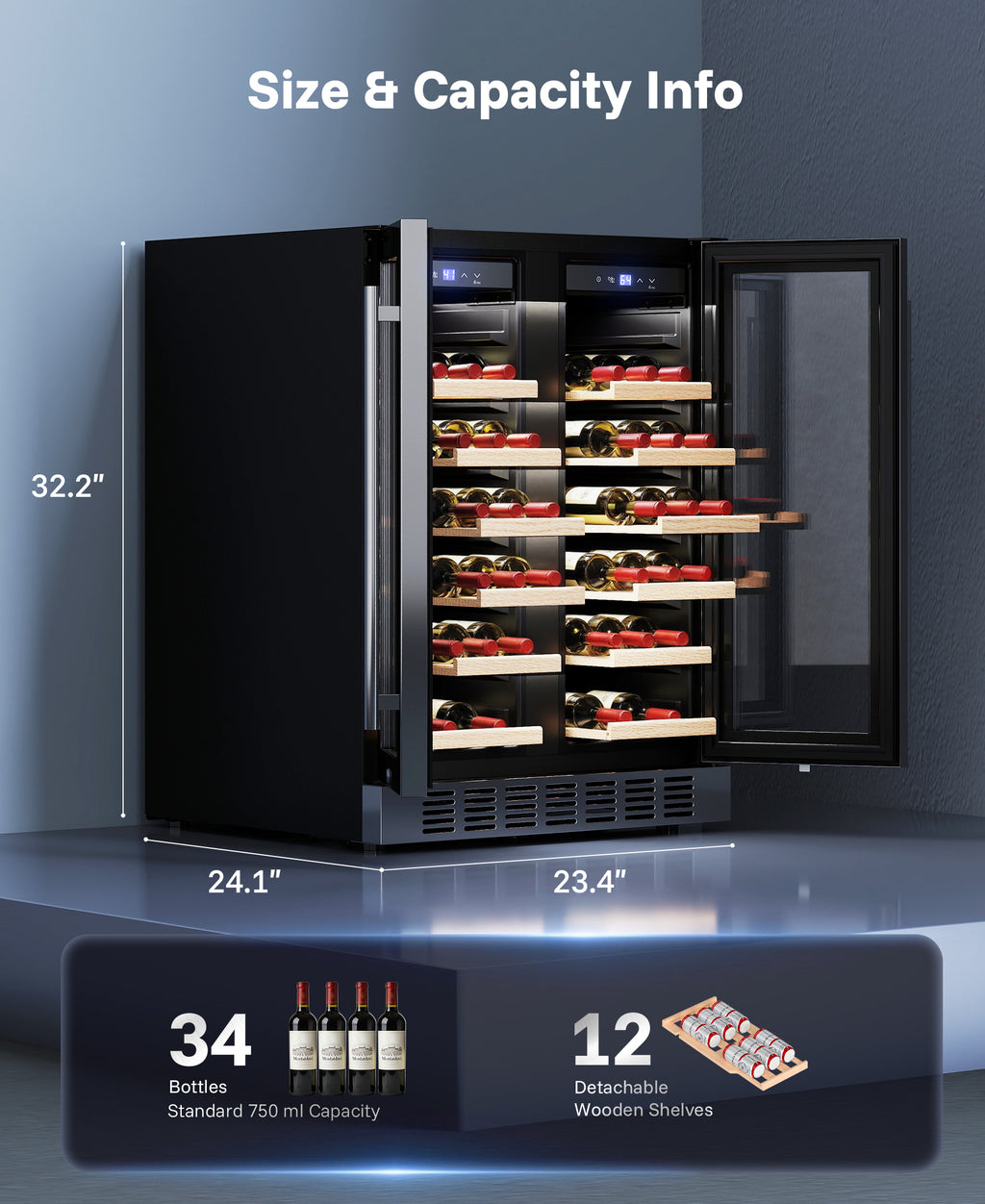 Flamemore 24" Dual Zone Wine Fridge with French Door - 34 Bottle Capacity, 41–64°F, Under-Counter/Freestanding Wine Cooler Refrigerator for Home, Bar