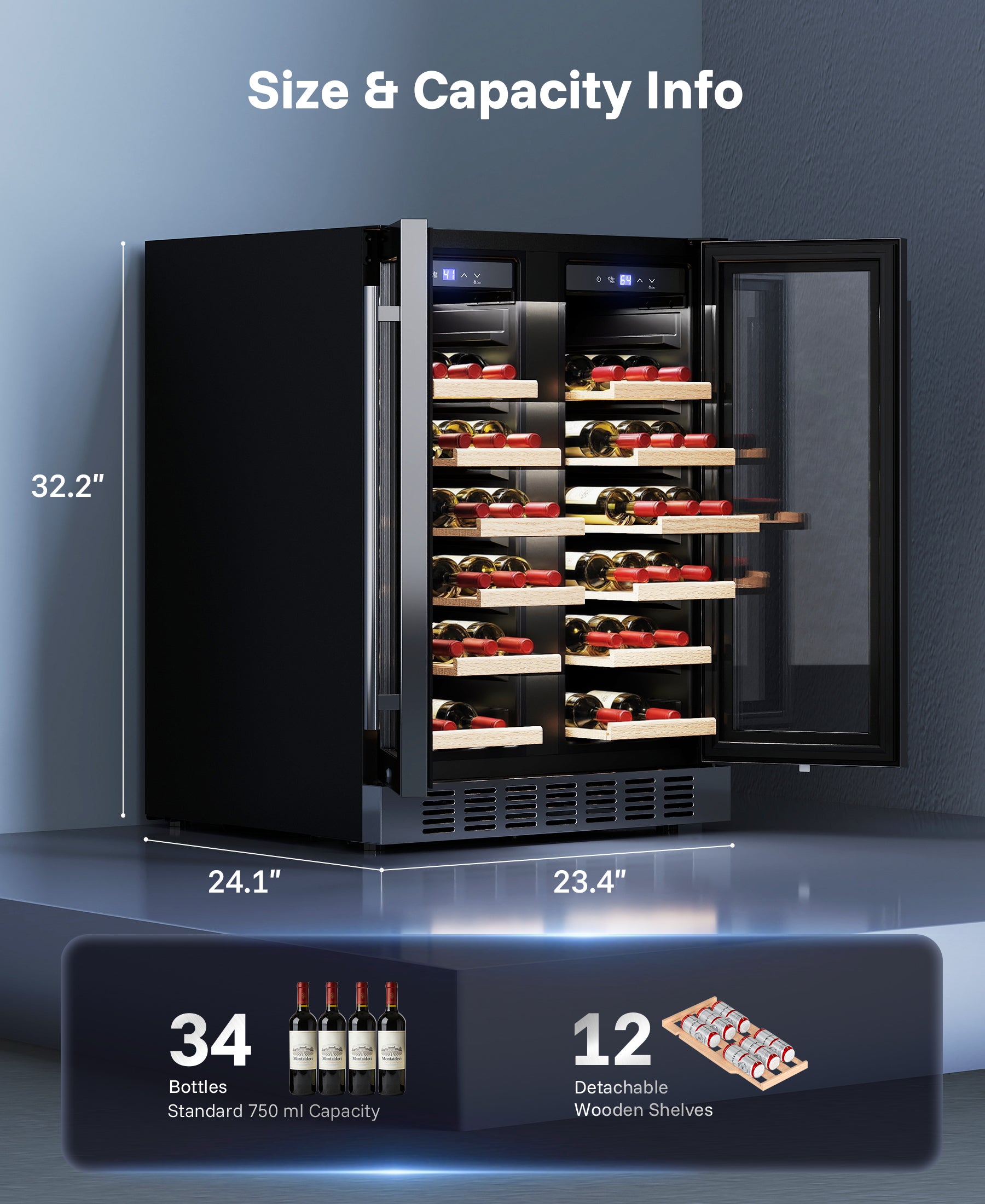 Flamemore 24" Dual Zone Wine Fridge with French Door - 34 Bottle Capacity, 41–64°F, Under-Counter/Freestanding Wine Cooler Refrigerator for Home, Bar