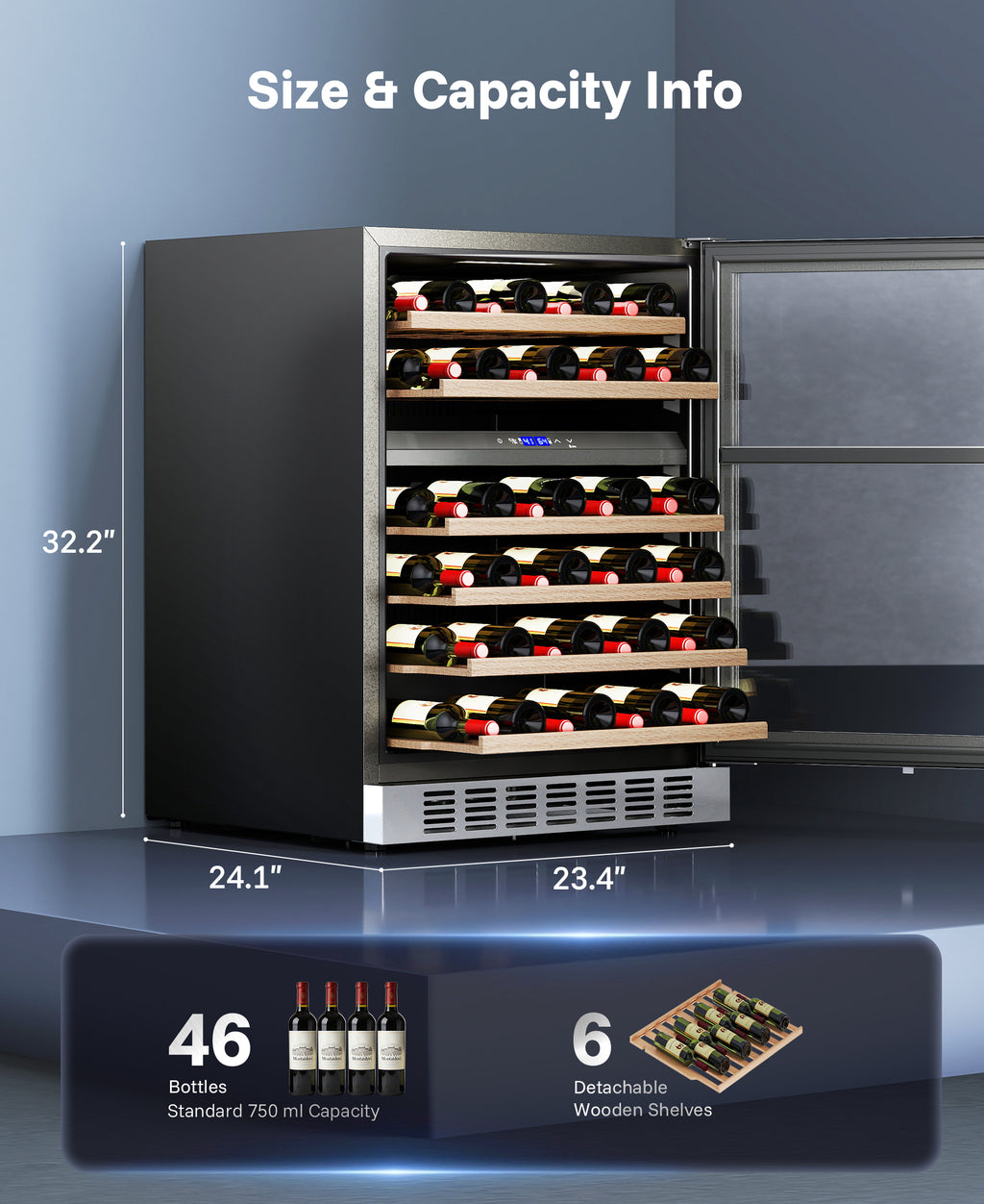 Flamemore 24" Dual Zone Wine Fridge - 46 Bottle Capacity, 41–64°F, Under-Counter/Freestanding Wine Cooler Refrigerator for for Home, Bar