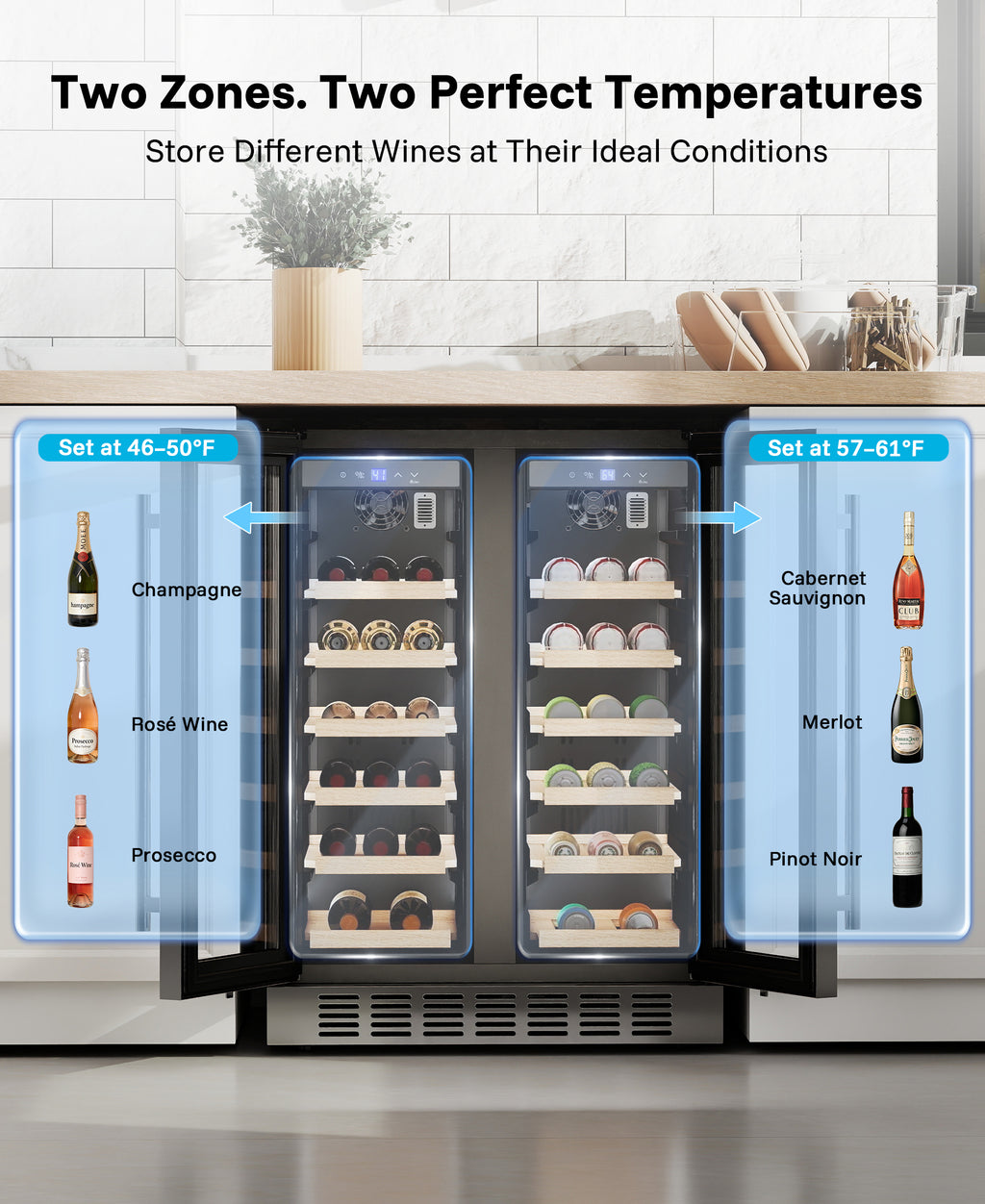 Flamemore 24" Dual Zone Wine Fridge with French Door - 34 Bottle Capacity, 41–64°F, Under-Counter/Freestanding Wine Cooler Refrigerator for Home, Bar