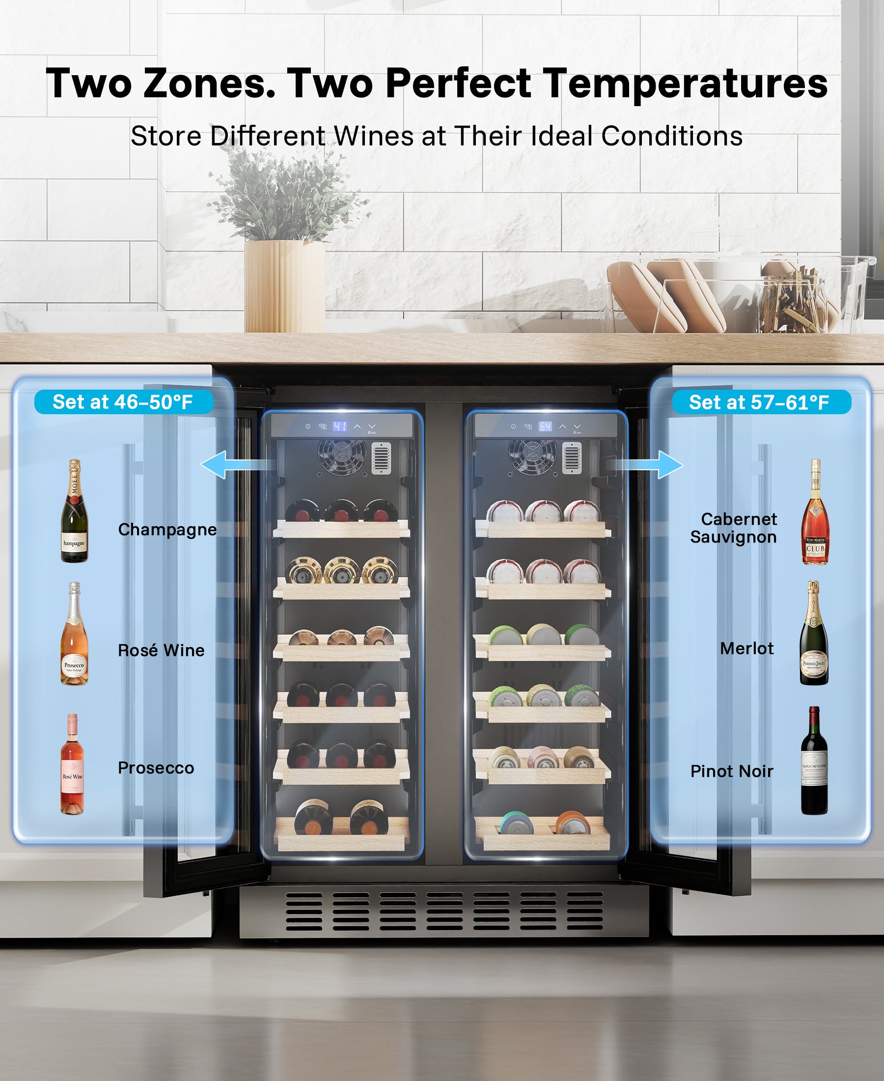 Flamemore 24" Dual Zone Wine Fridge with French Door - 34 Bottle Capacity, 41–64°F, Under-Counter/Freestanding Wine Cooler Refrigerator for Home, Bar
