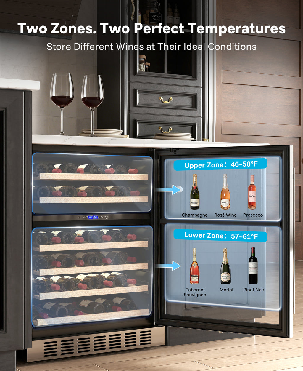 Flamemore 24" Dual Zone Wine Fridge - 46 Bottle Capacity, 41–64°F, Under-Counter/Freestanding Wine Cooler Refrigerator for for Home, Bar
