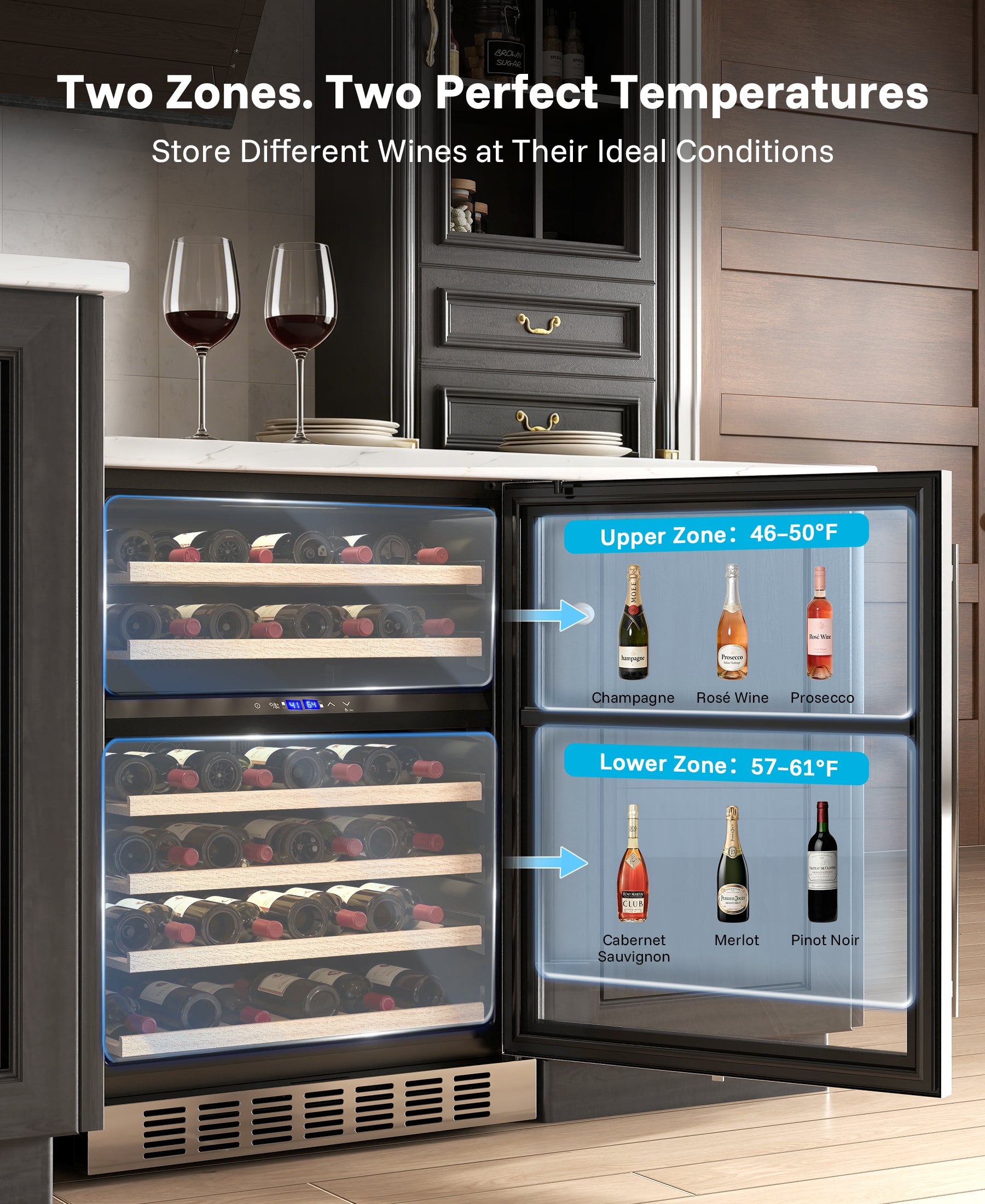 Flamemore 24" Dual Zone Wine Fridge - 46 Bottle Capacity, 41–64°F, Under-Counter/Freestanding Wine Cooler Refrigerator for for Home, Bar