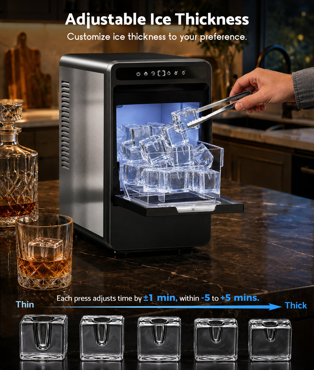 Flamemore Large Cube Ice Maker, Crystal Clear Ice Machine Countertop, 1.6'' Craft Ice Maker Portable, 22-26Lbs/Day, Self-Cleaning & 24H Timer, for Home Bar, Whiskey & Cocktails