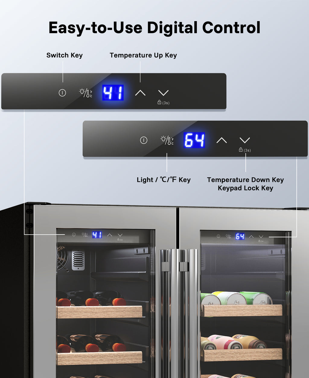 Flamemore 24" Dual Zone Wine Fridge with French Door - 34 Bottle Capacity, 41–64°F, Under-Counter/Freestanding Wine Cooler Refrigerator for Home, Bar
