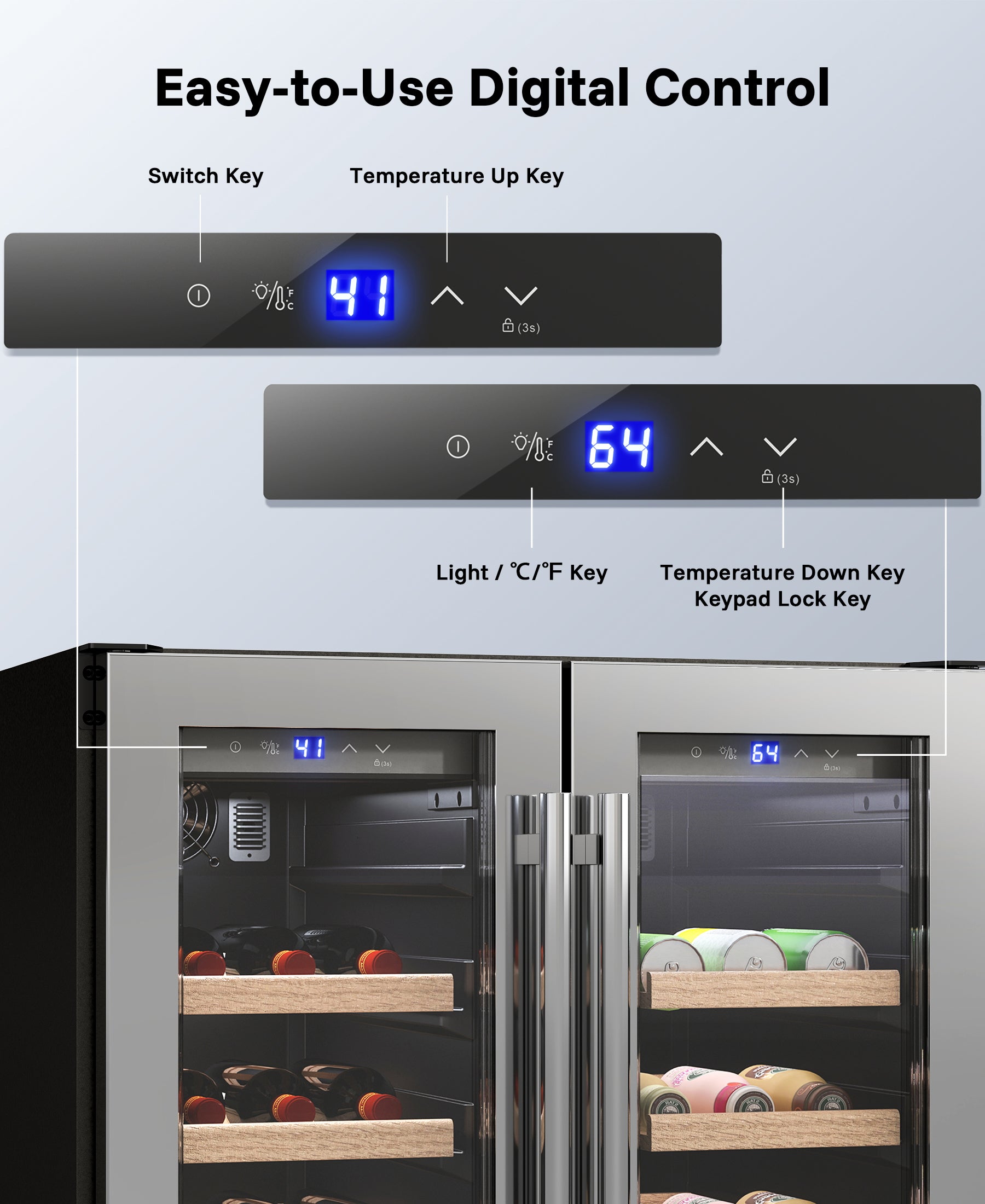 Flamemore 24" Dual Zone Wine Fridge with French Door - 34 Bottle Capacity, 41–64°F, Under-Counter/Freestanding Wine Cooler Refrigerator for Home, Bar