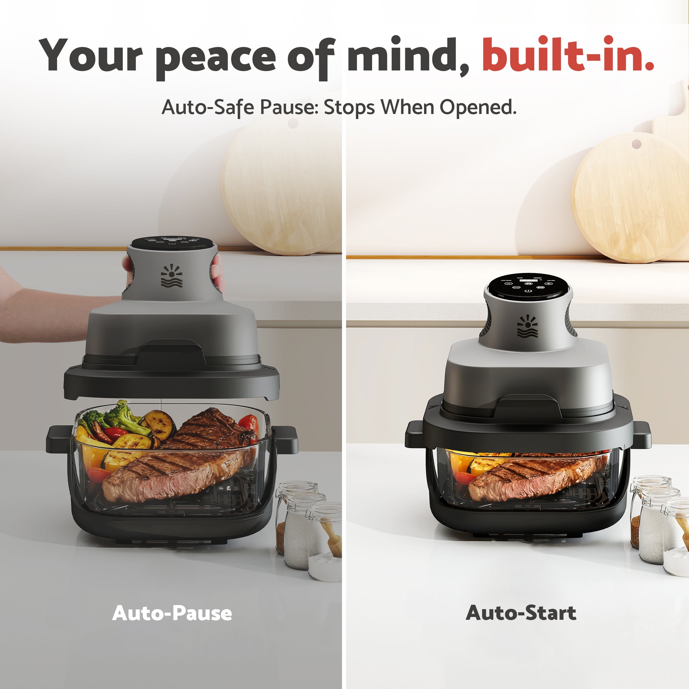 Flamemore Crispi Air Fryer with 4 Presets, Non Toxic Glass, Portable 4 QT & 6 Cup Glass Containers with Lids, Dishwasher Safe, Dark Gray