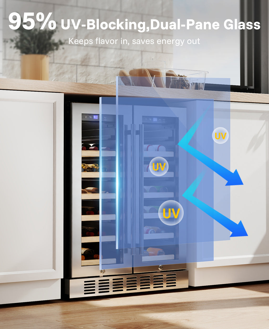 Flamemore 24" Dual Zone Wine Fridge with French Door - 34 Bottle Capacity, 41–64°F, Under-Counter/Freestanding Wine Cooler Refrigerator for Home, Bar