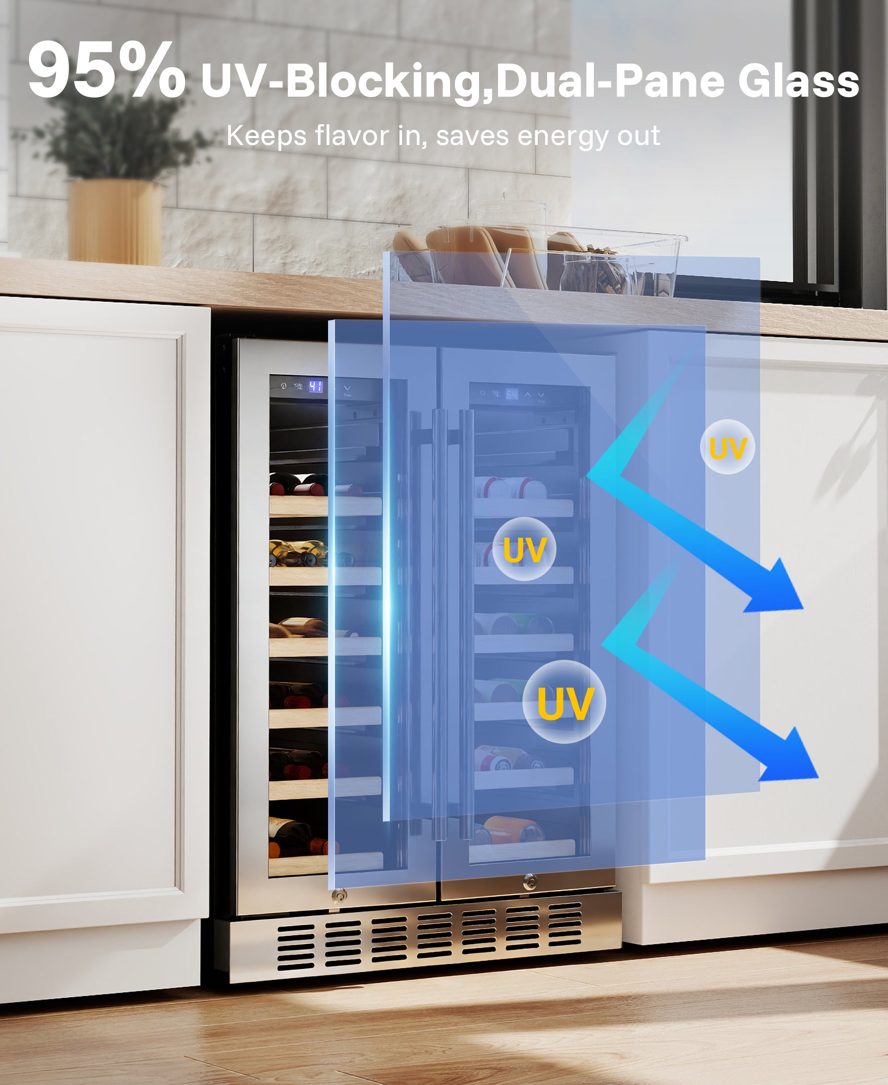 Flamemore 24" Dual Zone Wine Fridge with French Door - 34 Bottle Capacity, 41–64°F, Under-Counter/Freestanding Wine Cooler Refrigerator for Home, Bar