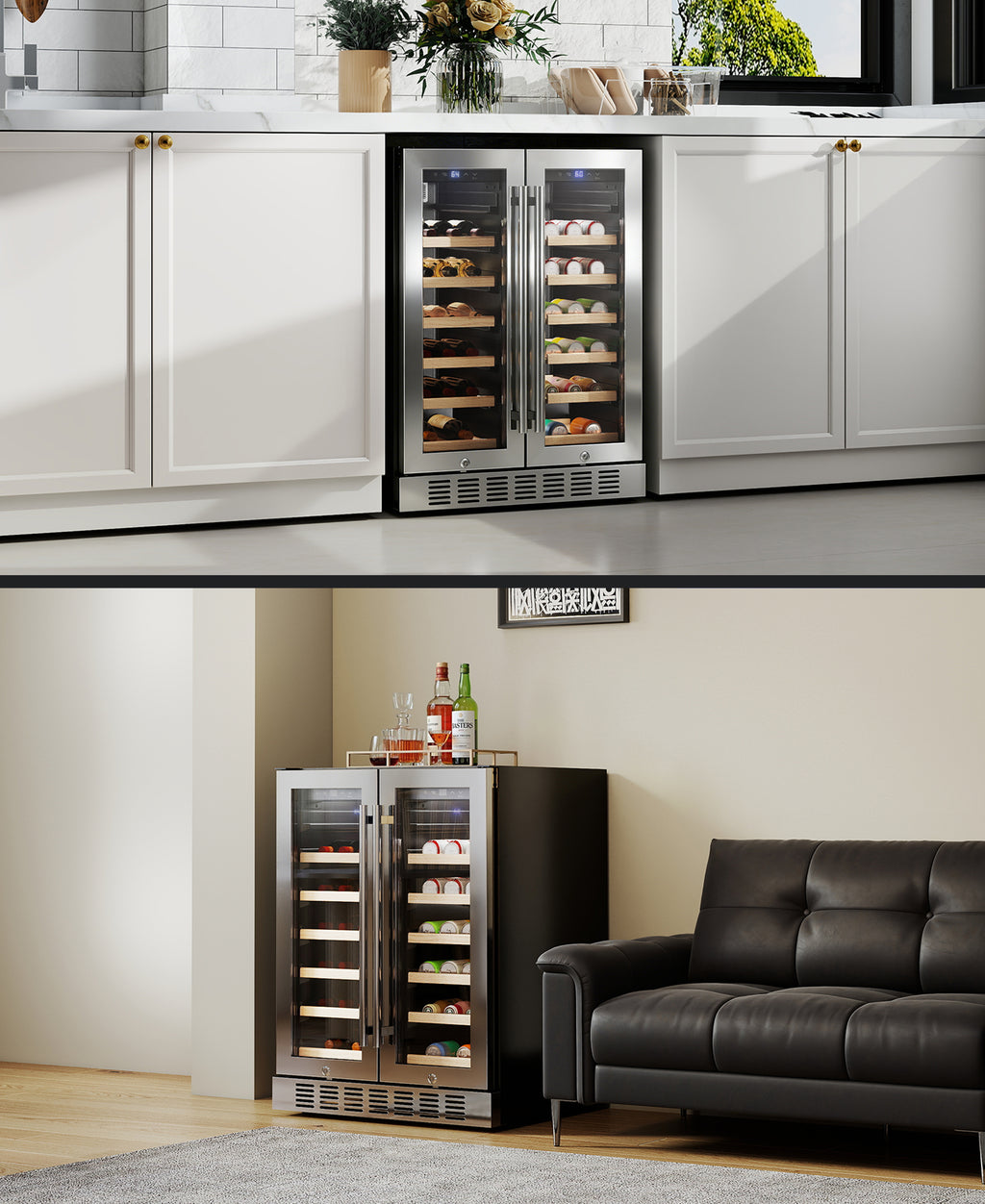 Flamemore 24" Dual Zone Wine Fridge with French Door - 34 Bottle Capacity, 41–64°F, Under-Counter/Freestanding Wine Cooler Refrigerator for Home, Bar