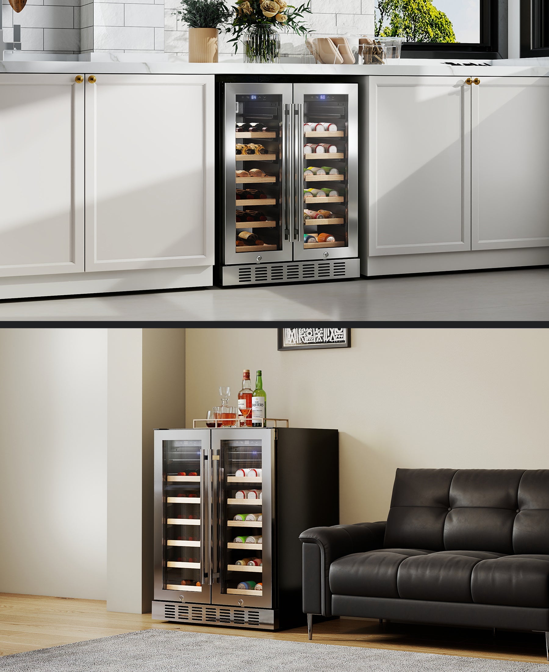 Flamemore 24" Dual Zone Wine Fridge with French Door - 34 Bottle Capacity, 41–64°F, Under-Counter/Freestanding Wine Cooler Refrigerator for Home, Bar