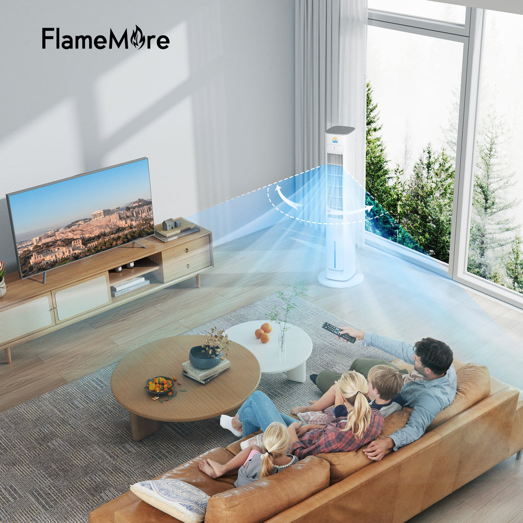 Flamemore Evaporative Air Cooler Portable Air Conditioners, 3-in-1 Oscillating Tower Cooler Fan&Humidify, White&Gray