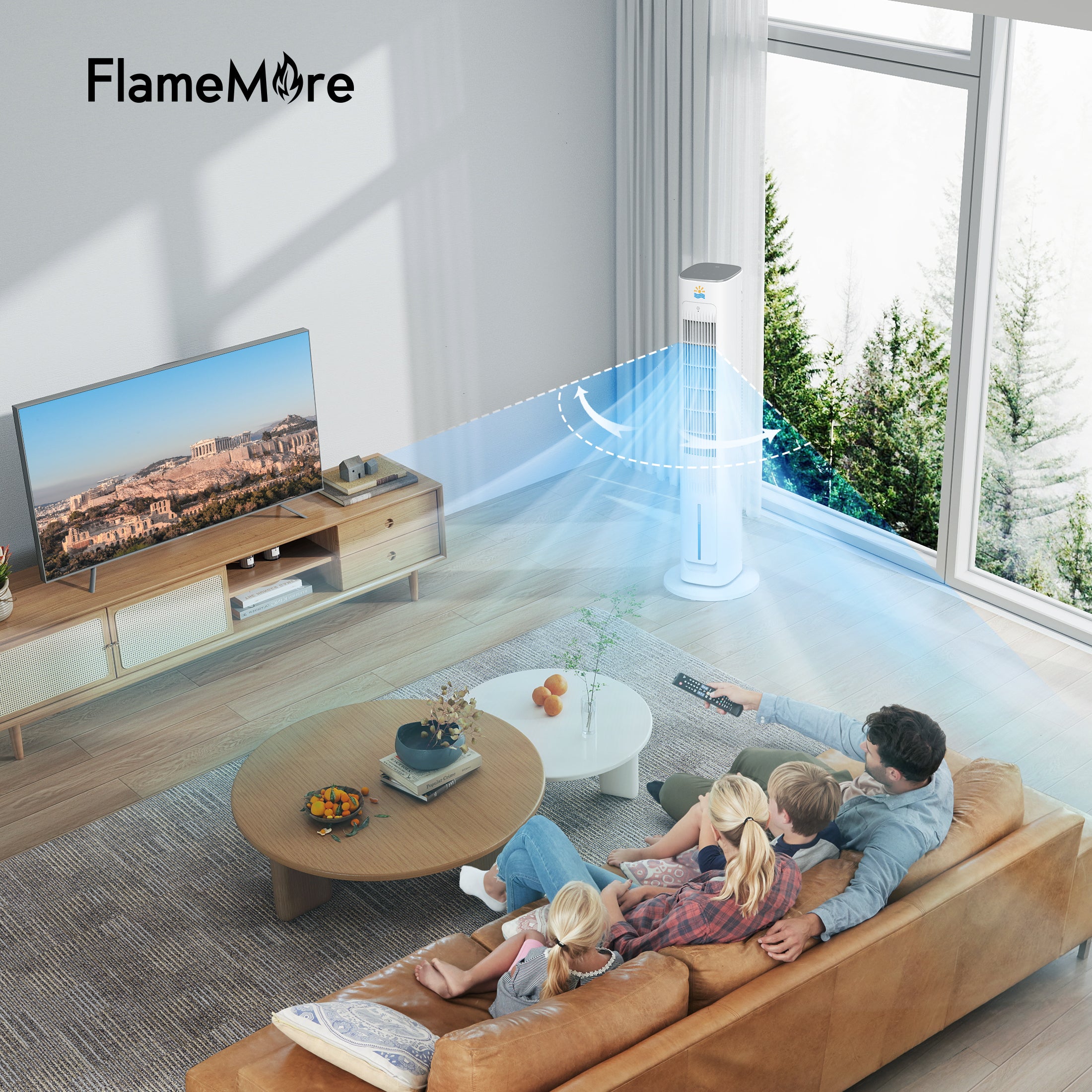 Flamemore Evaporative Air Cooler Portable Air Conditioners, 3-in-1 Oscillating Tower Cooler Fan&Humidify, White&Gray