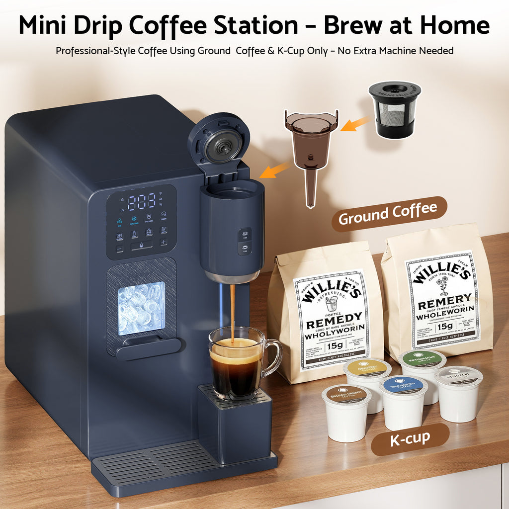 Flamemore 3-in-1 Countertop Water Dispenser with Ice Maker, Drip Coffee Maker, Hot/Cold Water & Bullet Ice, Self-Cleaning, UV Sterilization