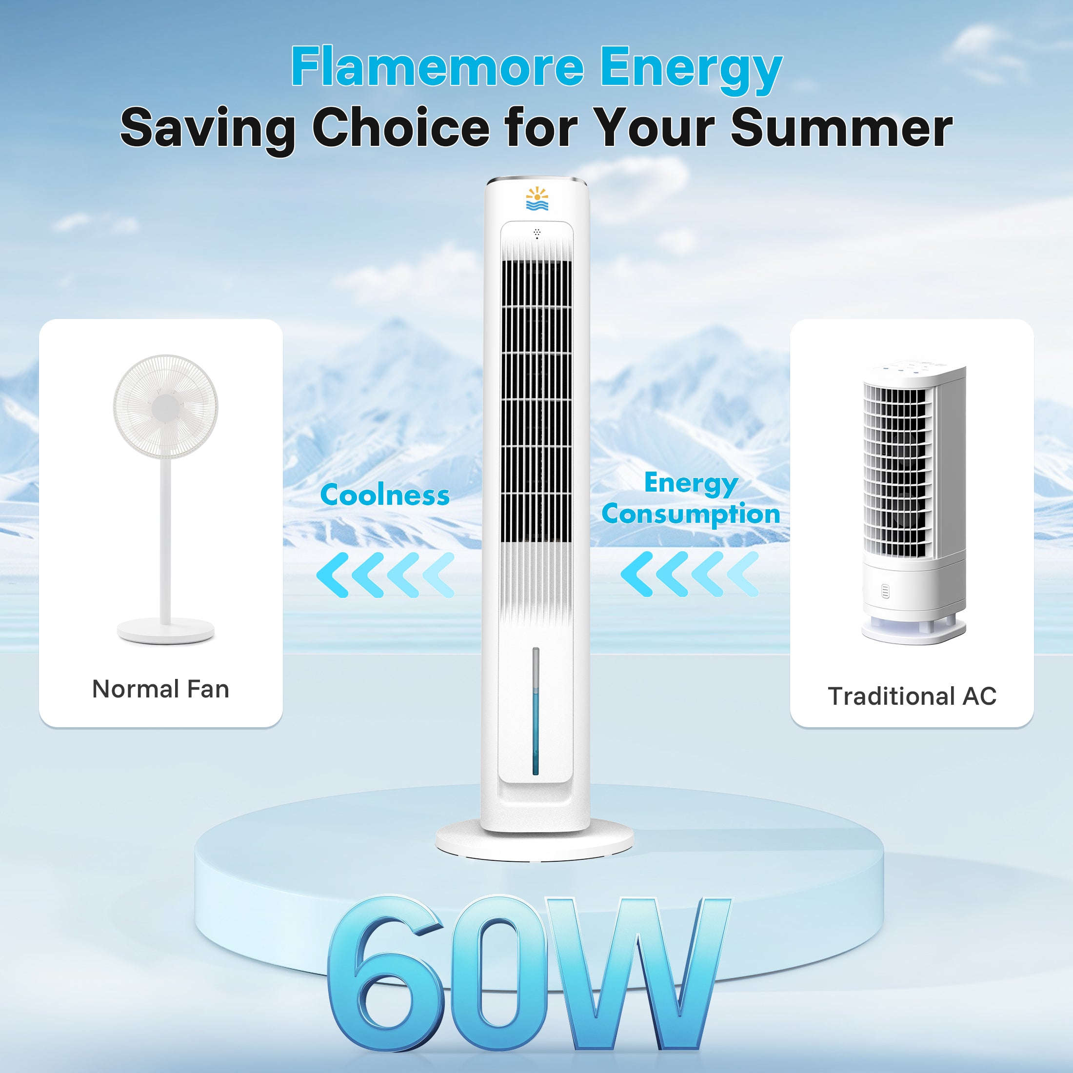 Flamemore Evaporative Air Cooler Portable Air Conditioners, 3-in-1 Oscillating Tower Cooler Fan&Humidify, White&Gray