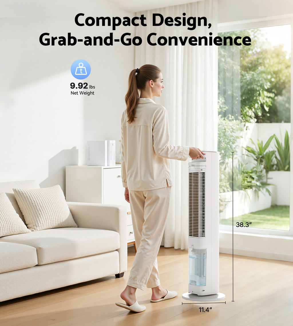 Flamemore Evaporative Air Cooler Fan with Remote & Ice Packs, Oscillating Tower Air Conditioner with Humidify, White&Gray