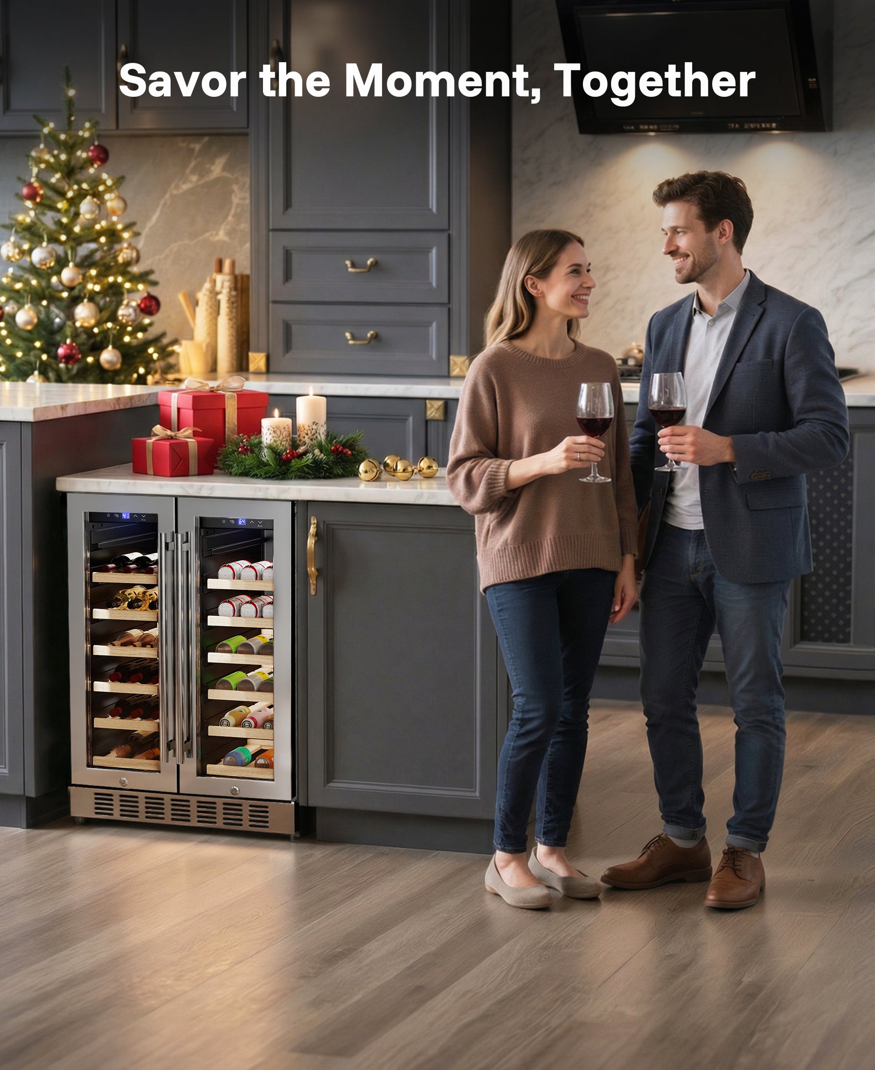 Flamemore 24" Dual Zone Wine Fridge with French Door - 34 Bottle Capacity, 41–64°F, Under-Counter/Freestanding Wine Cooler Refrigerator for Home, Bar
