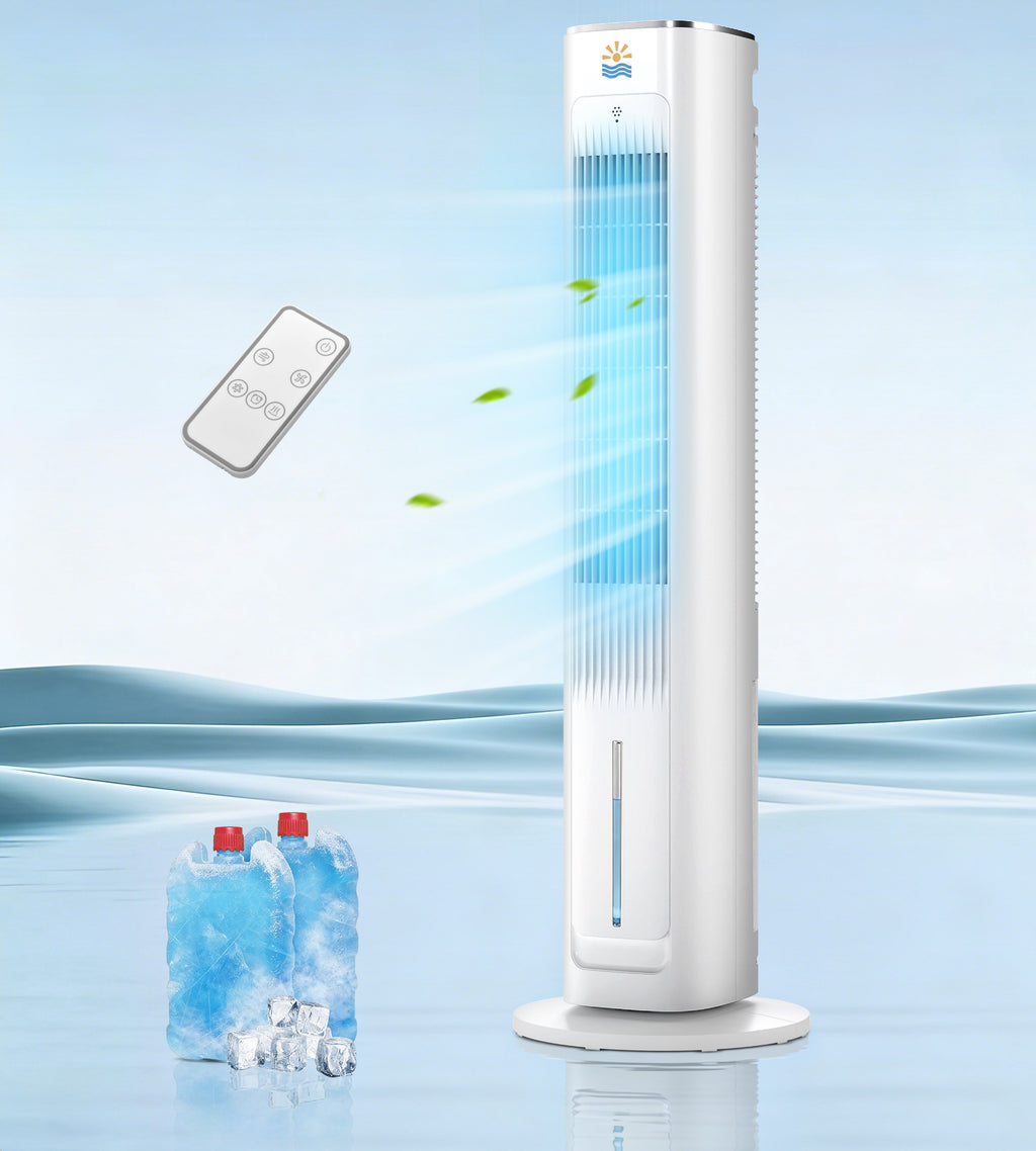 Flamemore Evaporative Air Cooler Fan with Remote & Ice Packs, Oscillating Tower Air Conditioner with Humidify, White&Gray